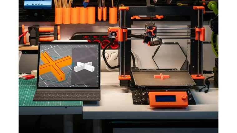 Industrial desktop 3D printer fabricating an engineering component next to a tablet running slicing software optimization